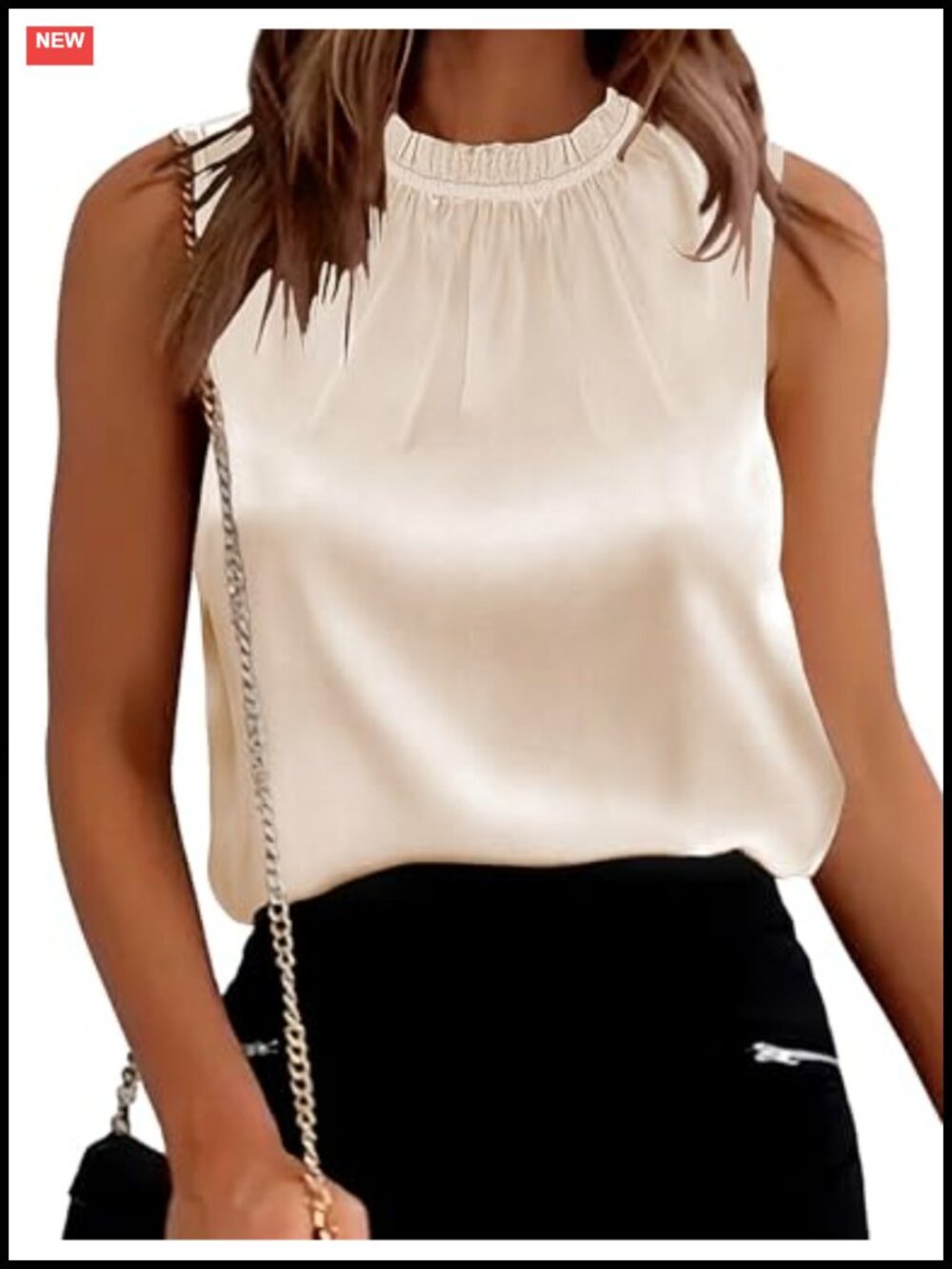 Satin Ruffle Mock Neck Tank Top Sleeveless Pleated Blouse